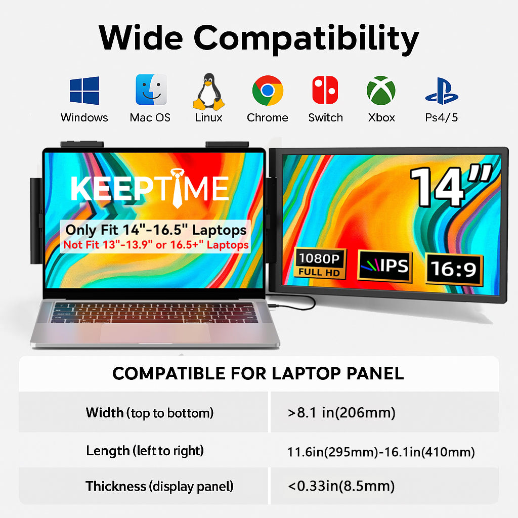 KEEPTIME Laptop Screen Extender, 14" FHD 1080P IPS Laptop Monitor Extender Dual Screen, Portable Monitor for Laptops 14-16.5" with USB-C/HDMI Port, Plug n Play for Windows/Mac/Android/Switch/PS5