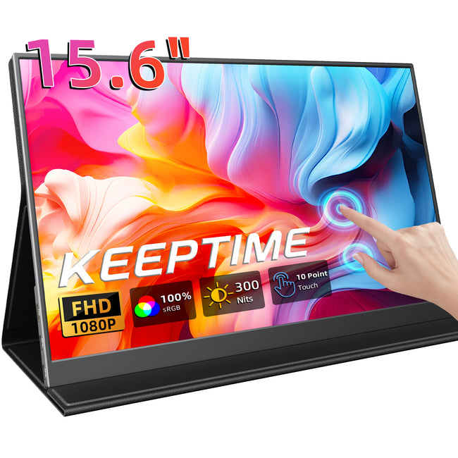 KEEPTIME 15.6" Portable Touchscreen Monitor FHD 1080P IPS Display, External Second Screen for Laptop PC Mac Switch Xbox PS5, USB-C & HDMI, Built-in Speakers, 10-Point Touch Hover Image