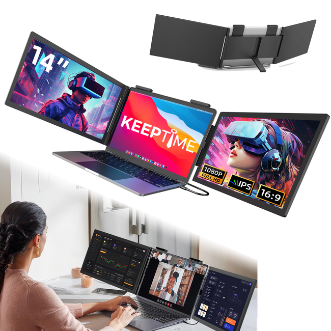 KEEPTIME Laptop Screen Extender Monitor Portable, 14" FHD 1080P IPS Triple Portable Monitor for 13"-16.5" Laptop Extension, Type-C Plug & Play for Windows/Mac/Android/Switch/PS5/Xbox Hover Image