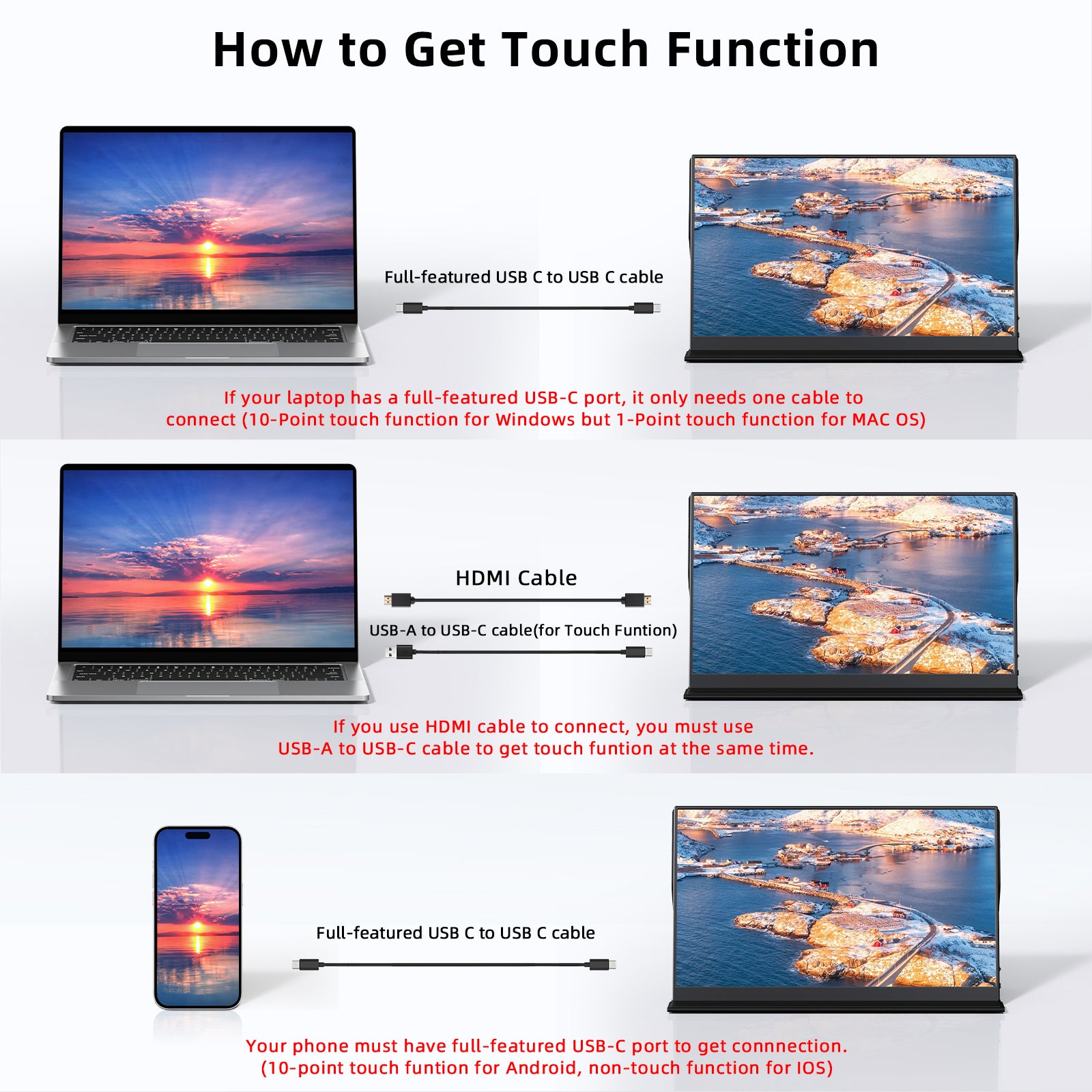 KEEPTIME 15.6" Portable Touchscreen Monitor FHD 1080P IPS Display, External Second Screen for Laptop PC Mac Switch Xbox PS5, USB-C & HDMI, Built-in Speakers, 10-Point Touch