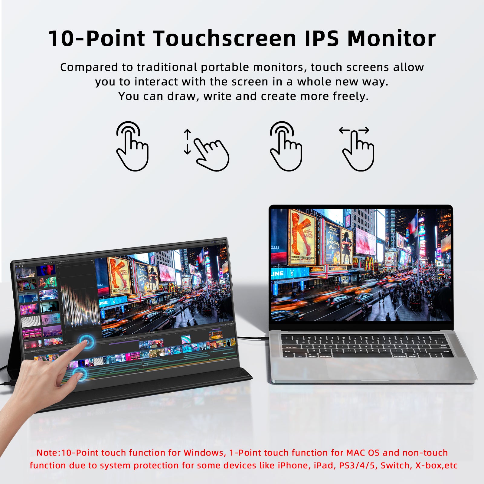 KEEPTIME 15.6" Portable Touchscreen Monitor FHD 1080P IPS Display, External Second Screen for Laptop PC Mac Switch Xbox PS5, USB-C & HDMI, Built-in Speakers, 10-Point Touch