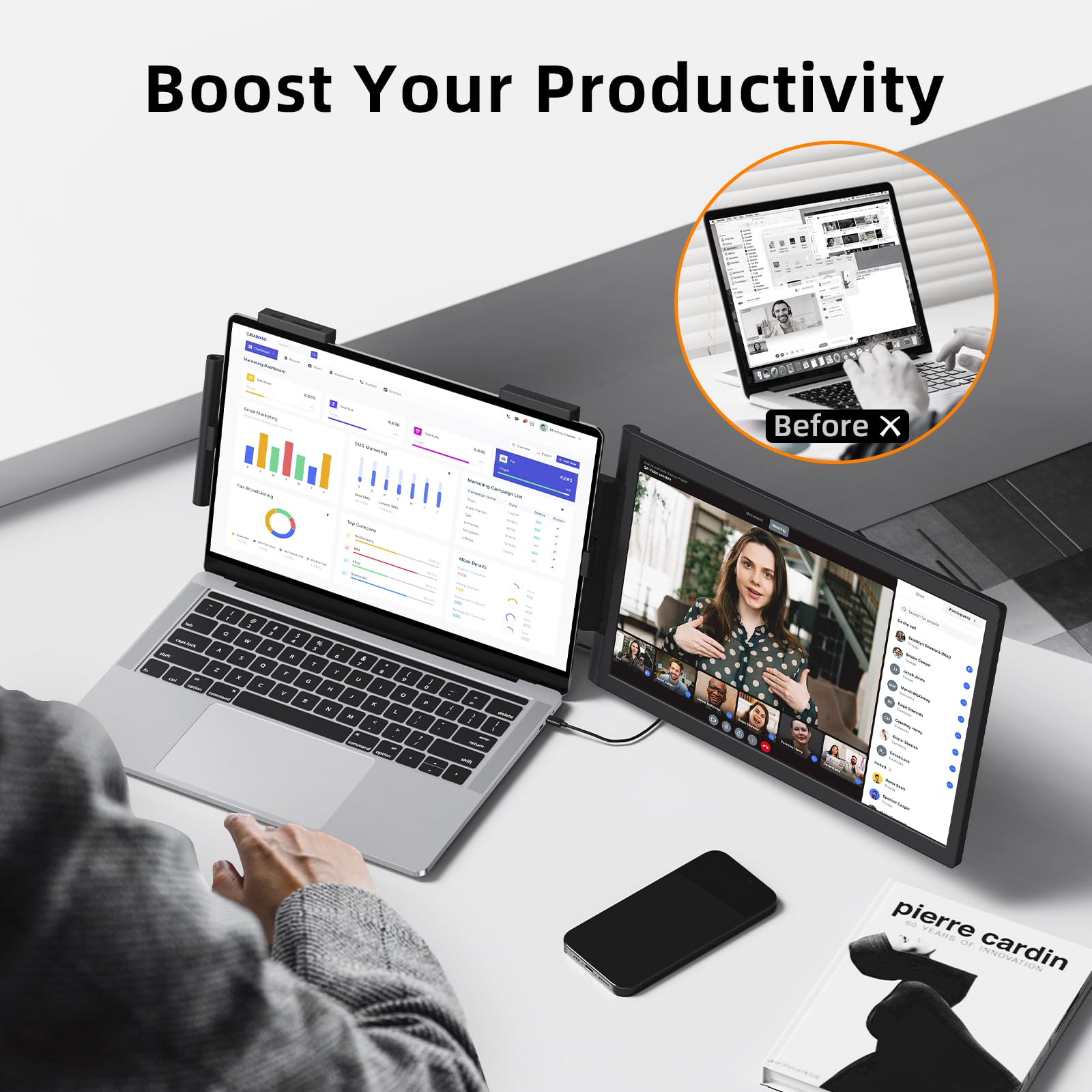 KEEPTIME Laptop Screen Extender, 14" FHD 1080P IPS Laptop Monitor Extender Dual Screen, Portable Monitor for Laptops 14-16.5" with USB-C/HDMI Port, Plug n Play for Windows/Mac/Android/Switch/PS5