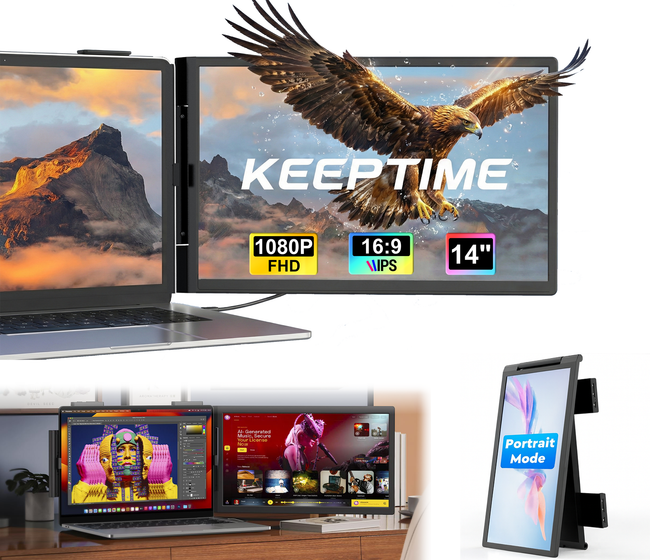 KEEPTIME Laptop Screen Extender, 14" FHD 1080P IPS Laptop Monitor Extender Dual Screen, Portable Monitor for Laptops 14-16.5" with USB-C/HDMI Port, Plug n Play for Windows/Mac/Android/Switch/PS5 Hover Image