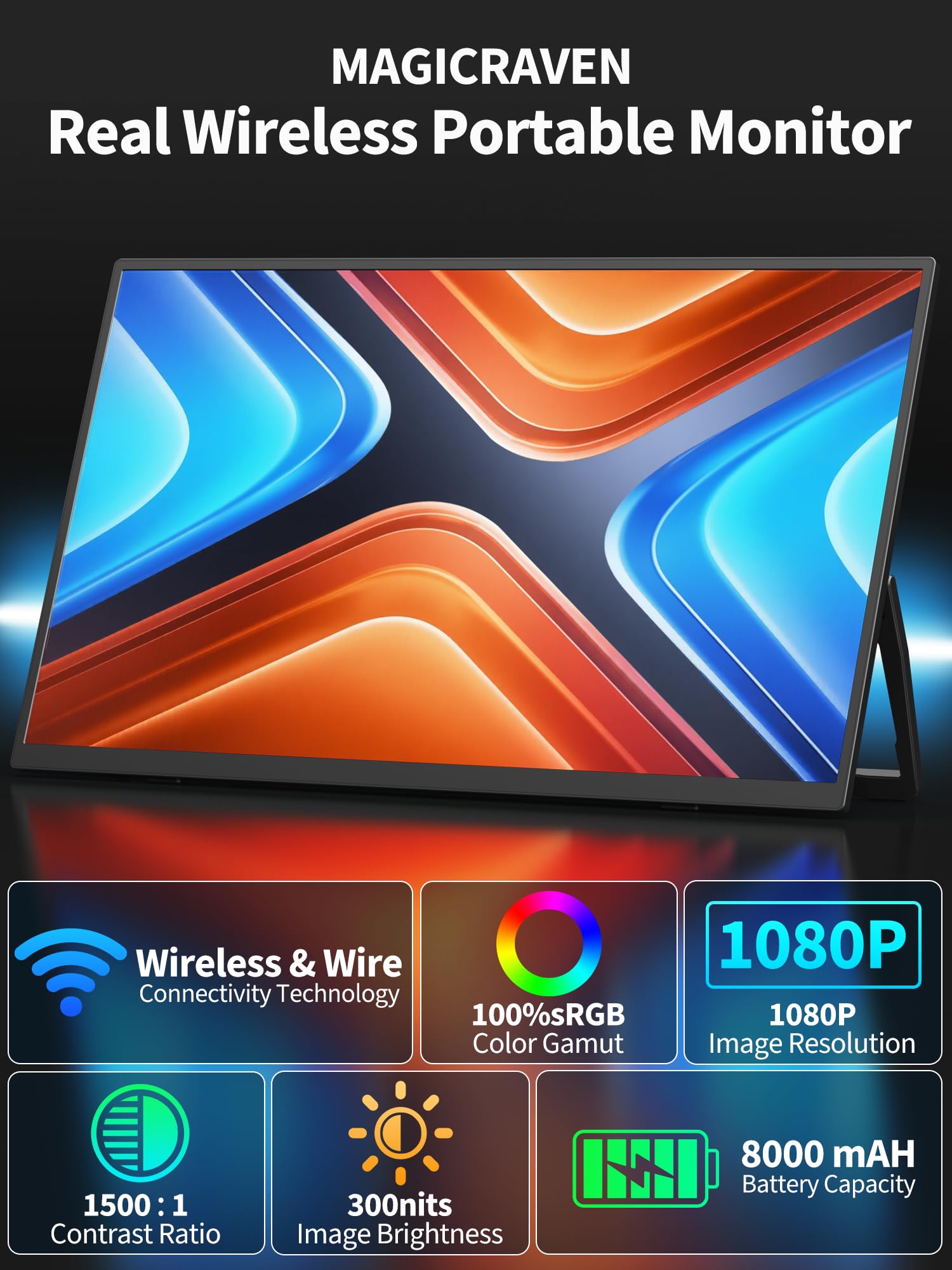 KEEPTIME 8000 mAh Wireless Portable Monitor, 15.6" 1080P IPS Laptop Screen, Second Computer Gaming Display with Speakers, Travel Monitor for Windows/Mac/Android/iOS/Gaming Console