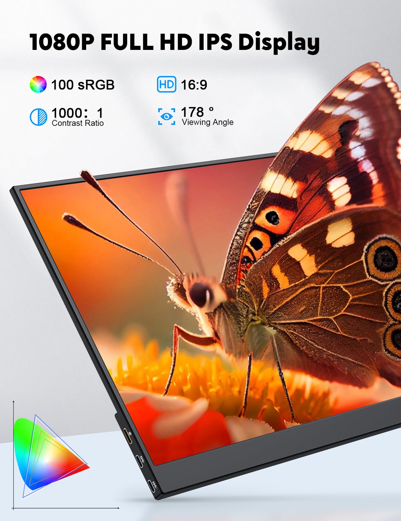 KEEPTIME 15.6” Portable Monitor, FHD 1080P IPS Display, 100% sRGB, 300-nit High Brightness, Lightweight Thin USB-C Mobile Screen, Mini HDMI, Plug-and-Play for Laptop/Phone/Switch/PS5